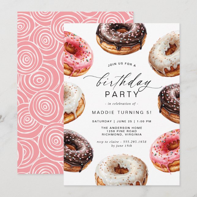 Donuts | Cute Dessert Theme Girl's Födelsedagsfest Inbjudningar (Fram/baksida)