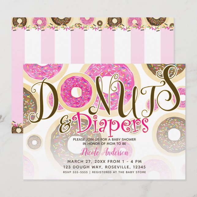 Donuts & Diaper Rosa Sprinkles Baby Shower Inbjudningar (Fram/baksida)