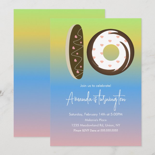 Donuts i regnbågsfärger till 10-årsfest inbjudningar (Fram/baksida)