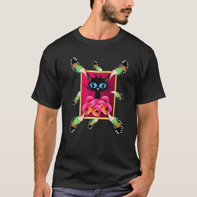 Donuts Long Finger Klo Cute Black Cat Kitten T Shirt (Framsida)