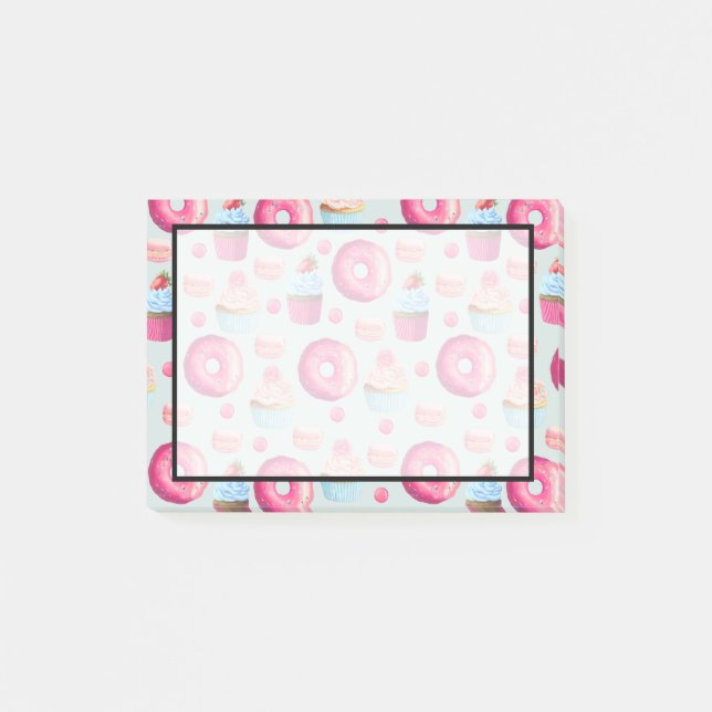 Donuts Macarons och Cupaka Mönster i vattenfärg Post-it Block (Framsida)