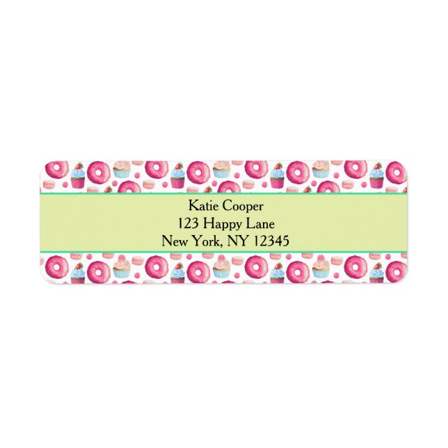 Donuts Macarons och Cupaka Mönster i vattenfärg Returadress Etikett (Framsidan)