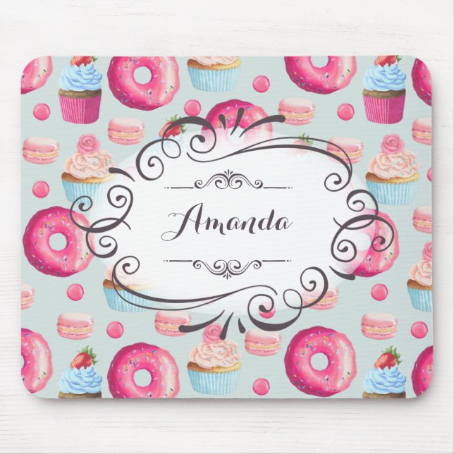 Donuts Macarons och cupkaka Whimsisk Personlig Musmatta (Framsidan)