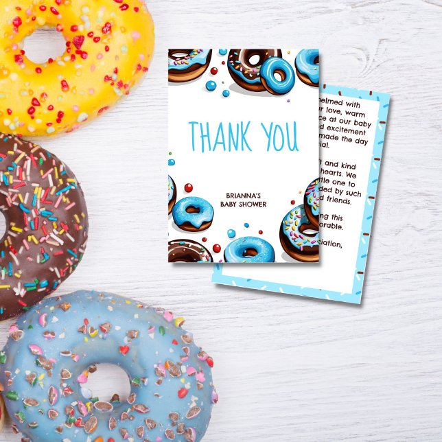 Donuts och blöjor - blå babydusch tack kort (Donuts and diapers blue brown donuts and sprinkles baby shower thank you cards)