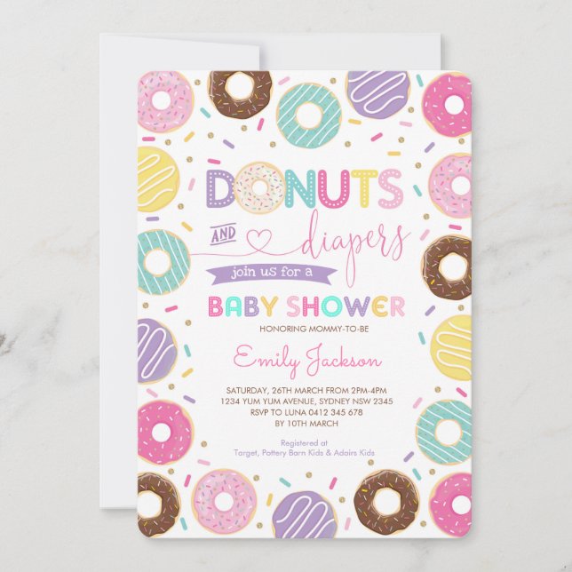 Donuts och blöjor | Rainbow Doughnut Baby Shower Inbjudningar (Framsida)