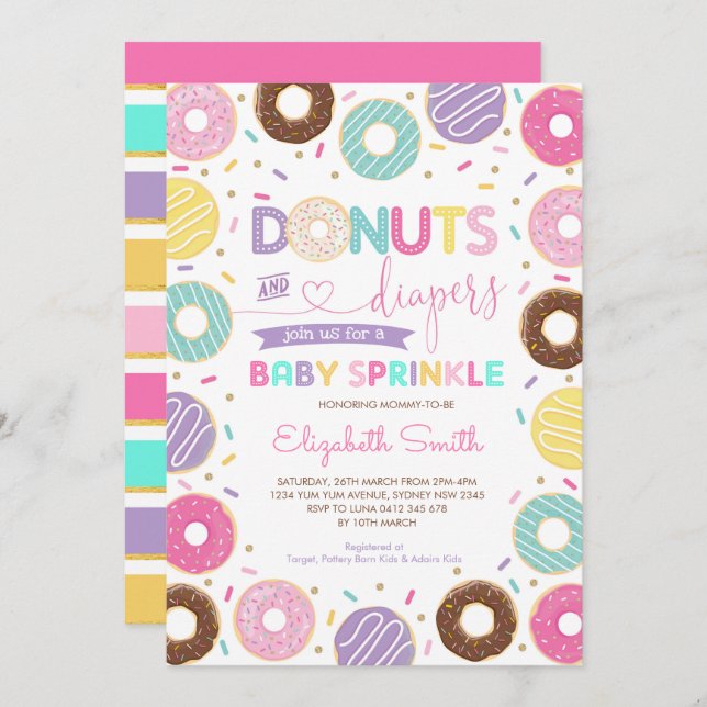 Donuts och blöjor | Rainbow Doughnut Baby Sprinkle Inbjudningar (Fram/baksida)