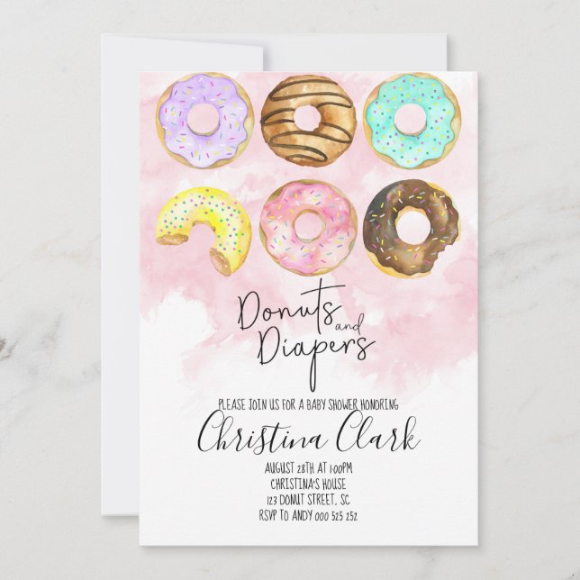 Donuts och blöjor, Rosa Donut Babyskor Inbjudningar (Framsida)