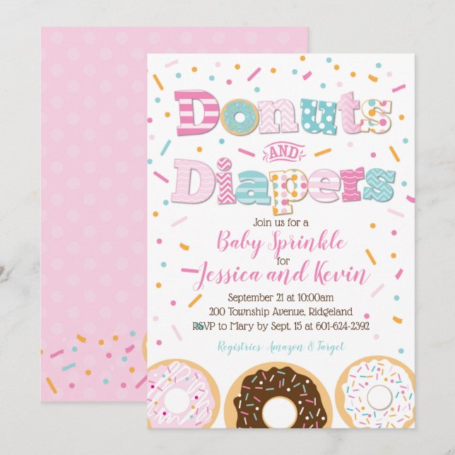 Donuts och Diaper Flicka Sprinkle eller Shower Inbjudningar (Fram/baksida)
