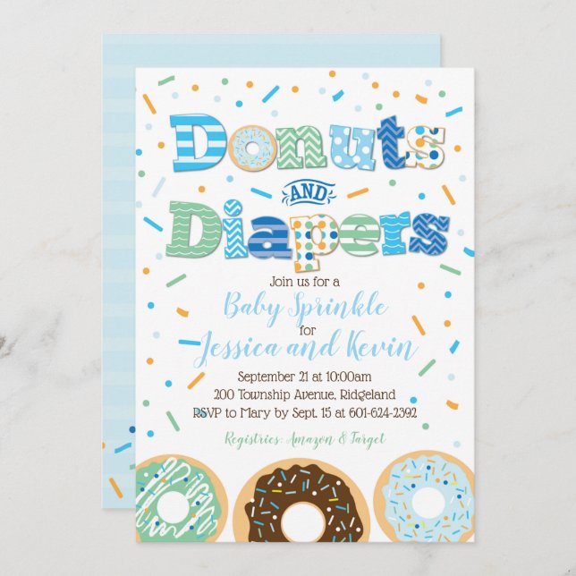 Donuts och Diaper Pojke Sprinkle eller Shower Inbjudningar (Fram/baksida)