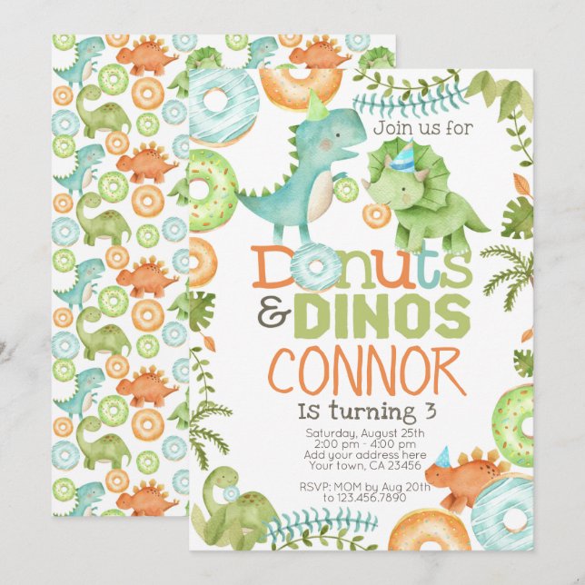 Donuts och dinosaurier inbjudningar (Fram/baksida)