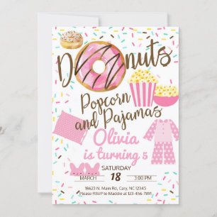 Donuts, popcorn och pyjamas, sömninbjudan. inbjudningar