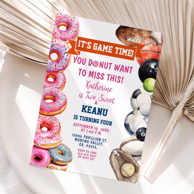 Donuts Sports Bollar Syskon Joint Födelsedagsfest Inbjudningar (Skapare uppladdad)