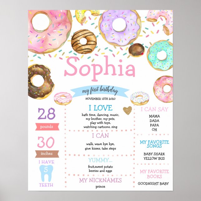 Donuts Sweet Girl First Birthday Milestone Poster (Framsidan)