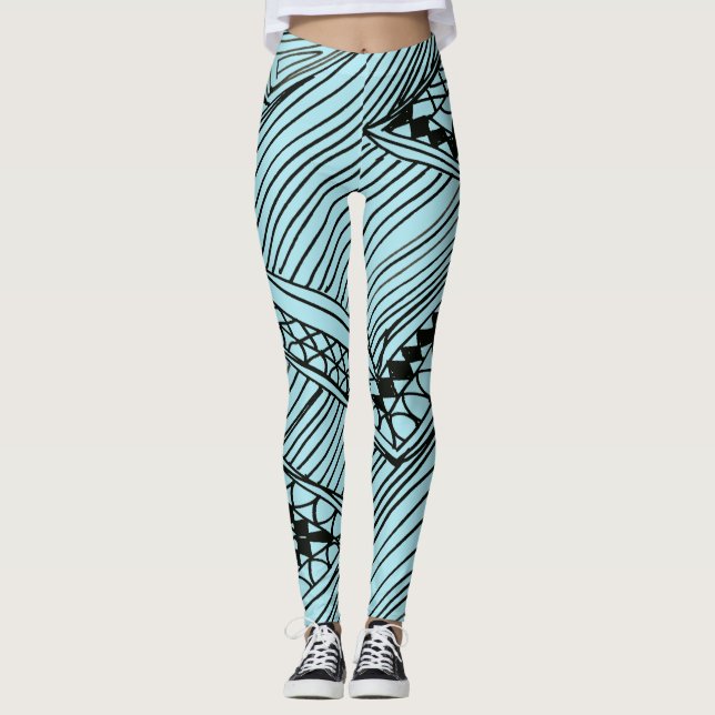Doodle 1A Black Aqua Blue Leggings (Framsida)