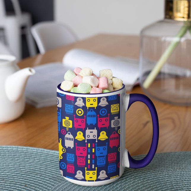 Doodle Alien Spaceship och Robot Mönster Mugg (robot kids cartoon mug)