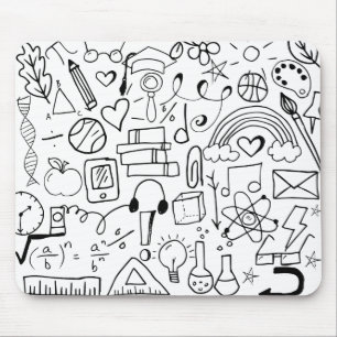 Doodle Art Back to school Black and White Mousepad Musmatta