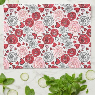 Doodle Art Stil Röda Rosa Rosor Hjärtan Alla Hjärt Kökshandduk