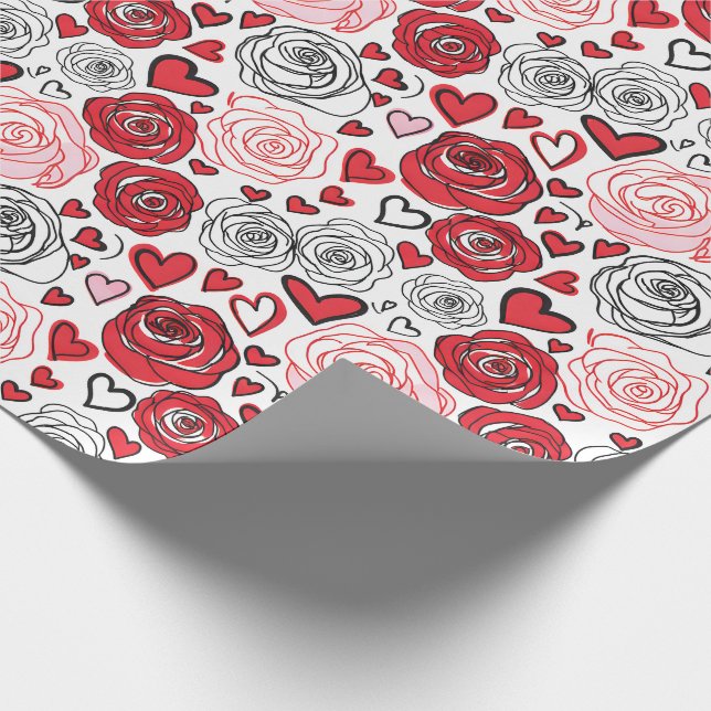Doodle Art Stil Röda Rosa Rosor Hjärtan Alla Hjärt Presentpapper (Hörn)