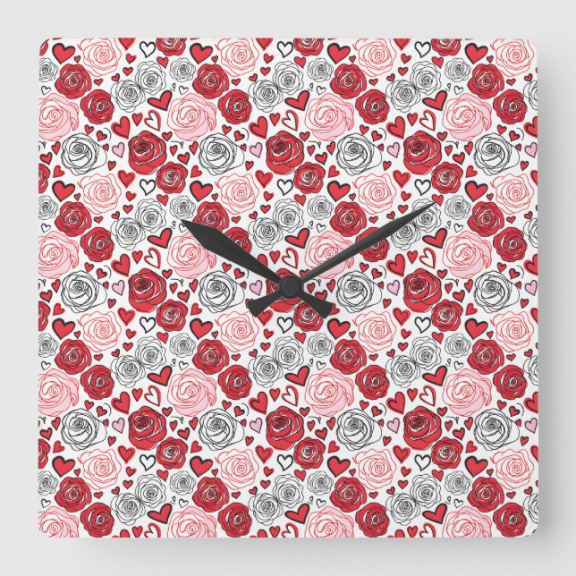 Doodle Art Style Red Pink Roses Hearts Valentine's Fyrkantig Klocka (Framsida)