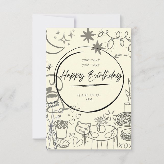 Doodle Birthday Invitation - Cute & Cozy Inbjudningar (Framsida)