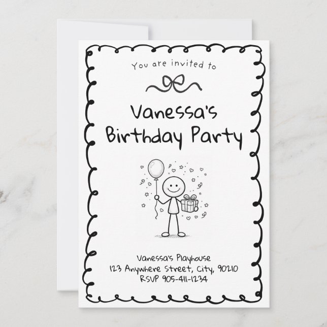 Doodle Birthday Invitation- Stick Figure Invite Inbjudningar (Framsida)