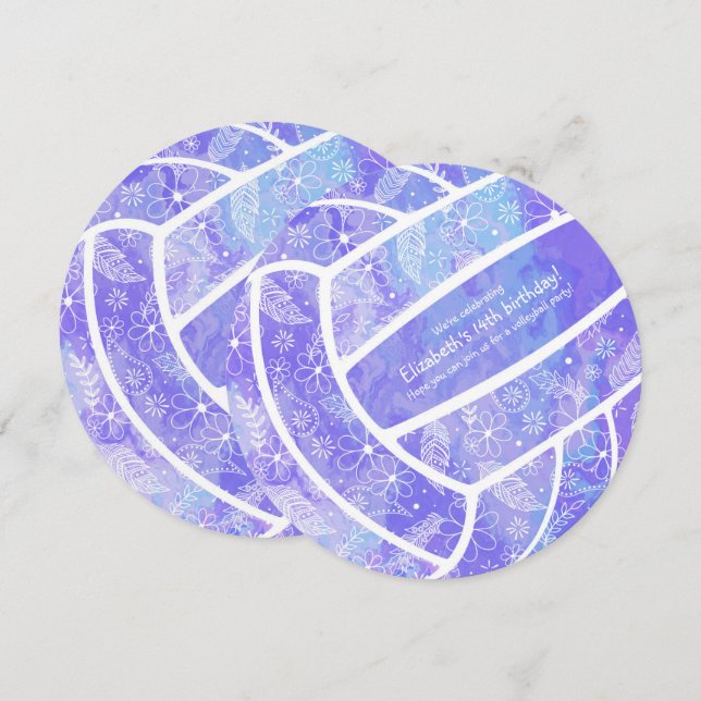Doodle blommönster lila volleyball-födelsedag inbjudningar (Fram/baksida)