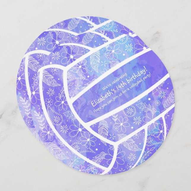 Doodle blommönster lila volleyball inbjudningar (Fram/baksida)