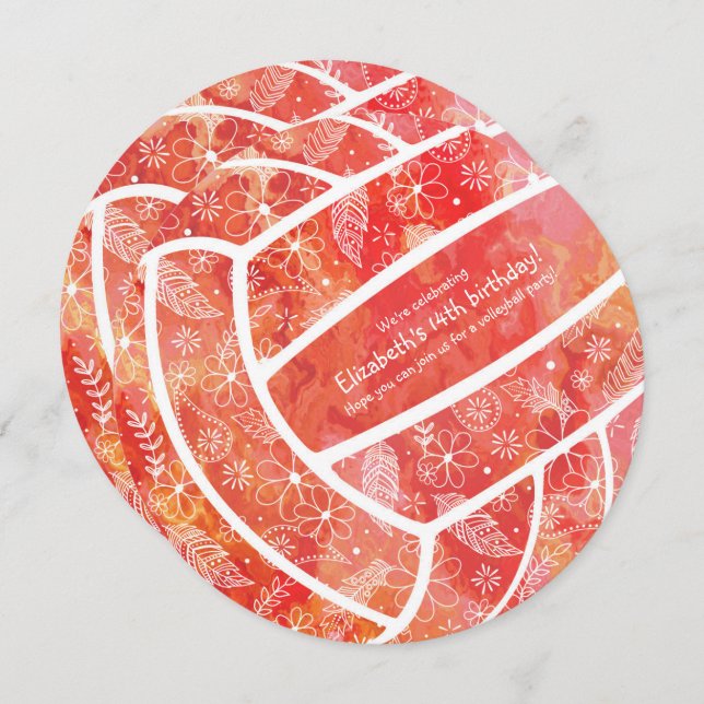 Doodle blommönster red orange volleyball party inbjudningar (Fram/baksida)