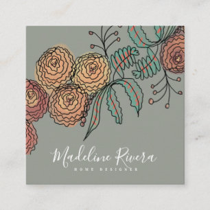 Doodle Blommor Krans Grenar Grönska Designer Fyrkantigt Visitkort