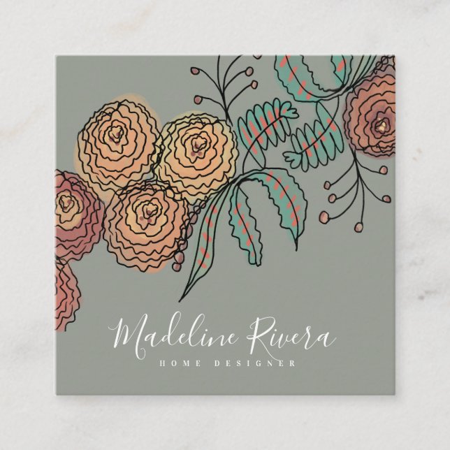 Doodle Blommor Krans Grenar Grönska Designer Fyrkantigt Visitkort (Framsida)