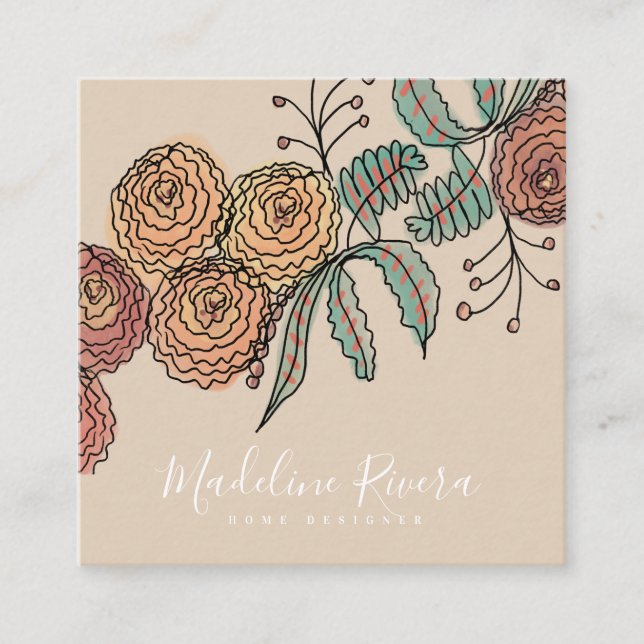 Doodle Blommor Krans Kvistar Grönska Designer Fyrkantigt Visitkort (Framsida)