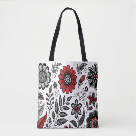 Doodle blommor och blad i rött och svart tygkasse