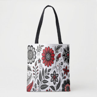 Doodle blommor och blad i rött och svart tygkasse