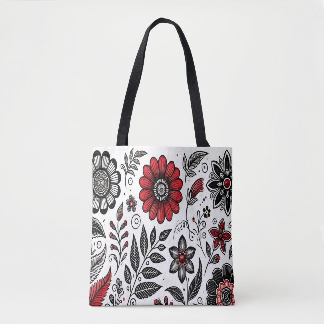 Doodle blommor och blad i rött och svart tygkasse (Framsida)