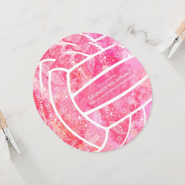 Doodle-blommor rosa volleyball party inbjudningar (Fram/Back In Situ)