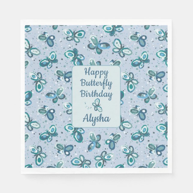 Doodle Bugs Butterflies - blue - kids birthday. Pappersservett (Framsidan)