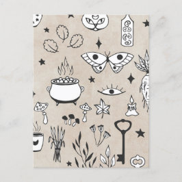 Doodle butterfly cat flaska löv cauldron nycklar vykort