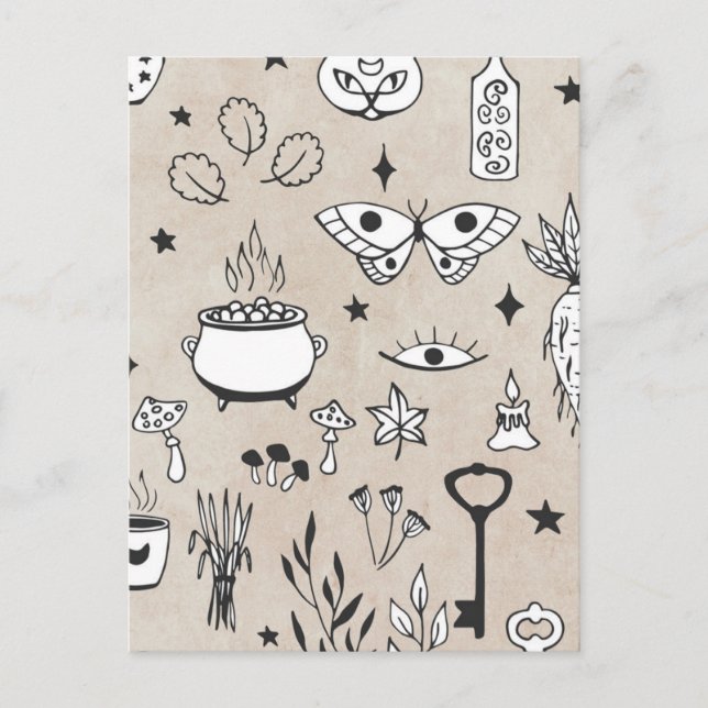 Doodle butterfly cat flaska löv cauldron nycklar vykort (Framsida)