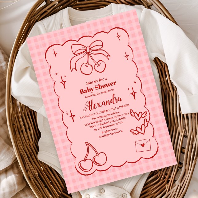 Doodle Cherry Bow Bow Baby Shower Inbjudningar (Skapare uppladdad)