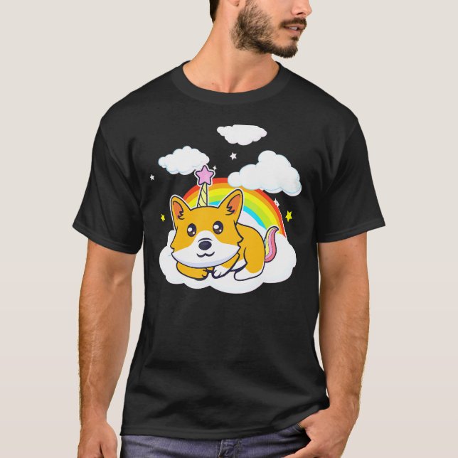 Doodle Corgi Hund   Enhörning Corgi Regnbåge T Shirt (Framsida)