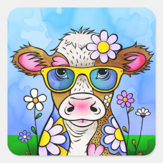 Doodle Cow Portrait Fyrkantigt Klistermärke