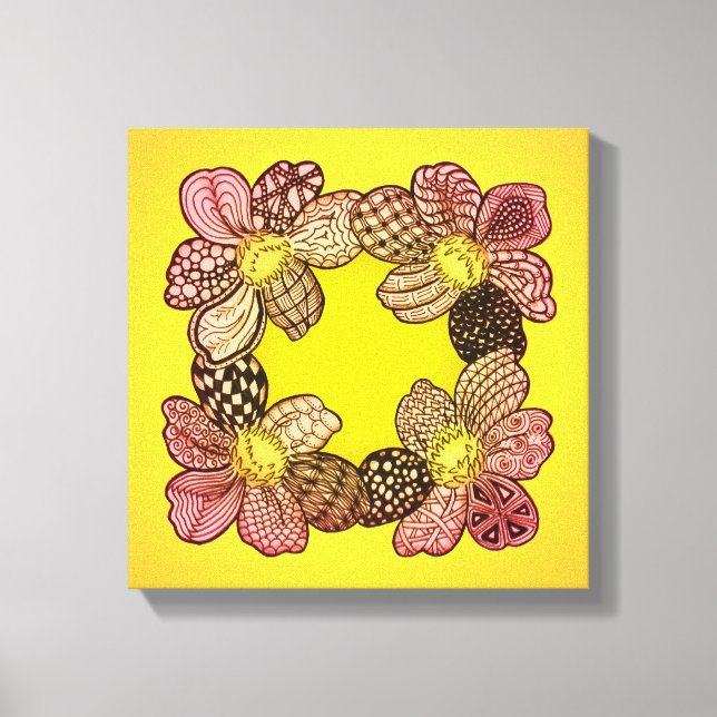 Doodle Flowers i Peach, Orange och Guld Canvastryck (Framsida)