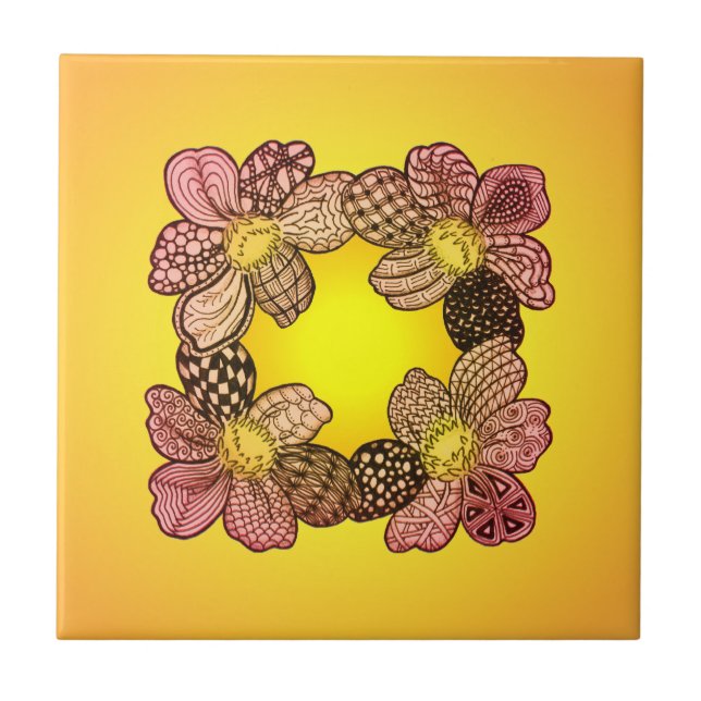 Doodle Flowers i Peach, Orange och Guld Kakelplatta (Framsidan)