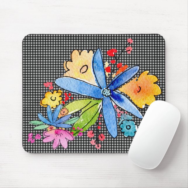 Doodle Flowers på Gingham Mouse Pad Musmatta (Med mus)