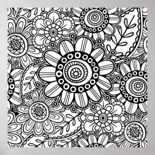 Doodle Folk Art Blommigt Line Teckning Mönster Poster