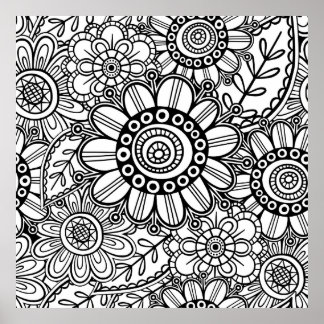 Doodle Folk Art Blommigt Line Teckning Mönster Poster