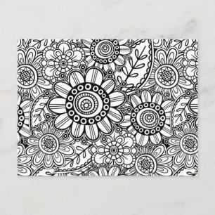 Doodle Folk Art Blommigt Line Teckning Mönster Vykort
