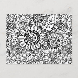 Doodle Folk Art Blommigt Line Teckning Mönster Vykort