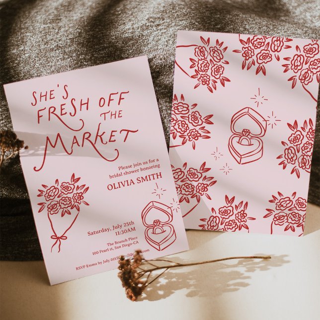 Doodle Fresh från Marknaden Bröllopsdusch Inbjudningar (Doodle whimsical shes Fresh off the Market Bridal Shower)