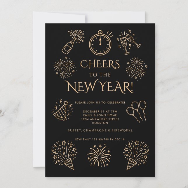 Doodle Gold Black Cheers to New Year Party Inbjudningar (Framsida)